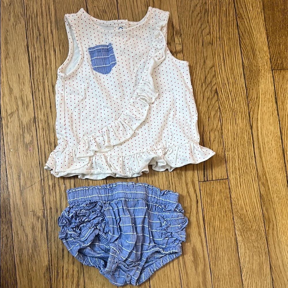 White and Blue Ruffle Polka Dot Outfit